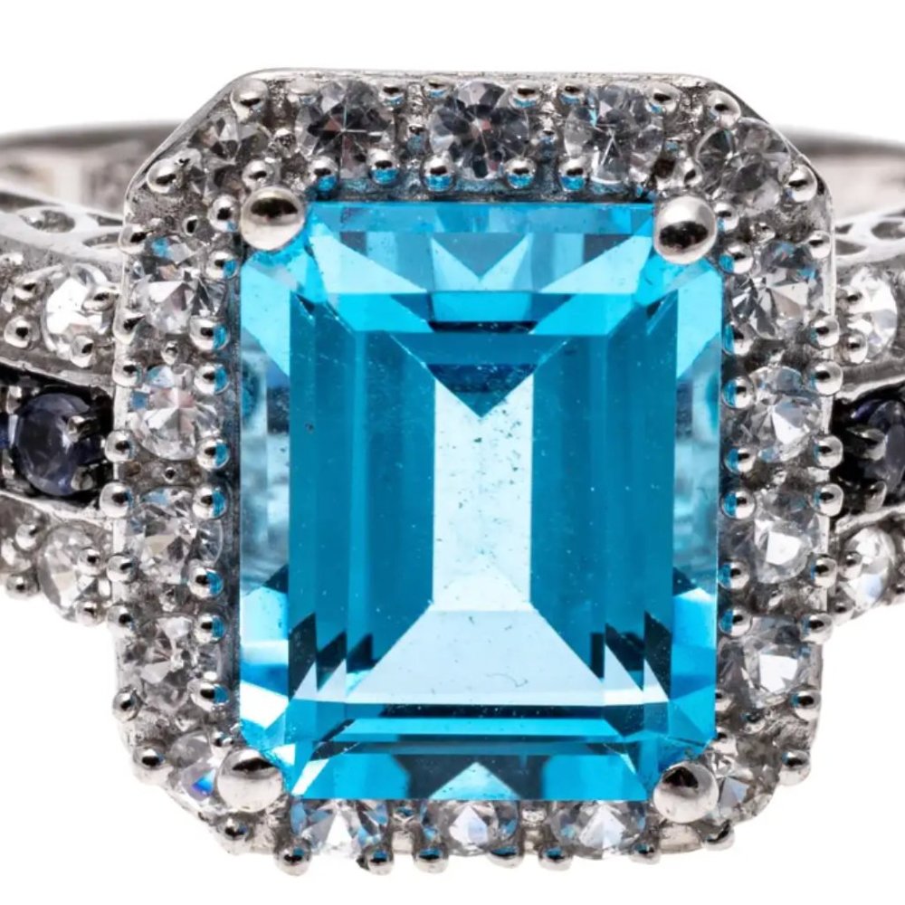 14k White Gold Emerald Cut Blue and White Topaz Ring